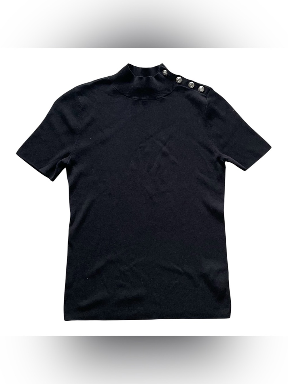 Talbots Black Short-Sleeve Mock Neck Top‎ with Shoulder Buttons